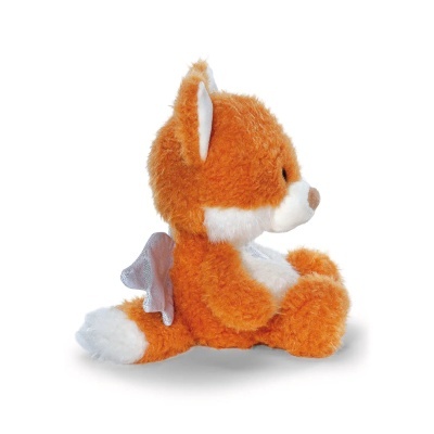 Pelúcia de raposa alaranjada e branca com asas prateadas