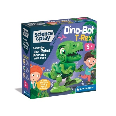 Embalagem do brinquedo Dino-Bot T-Rex para crianças, com dinossauro robô verde e texto