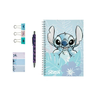 Conjunto material escolar com caderno espiral Stitch, caneta roxa, clips metálicos e notas adesivas com personagem Stitch