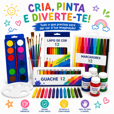 Conjunto de materiais de pintura com lápis de cor, guache, marcadores, pincéis e tintas témpera guache