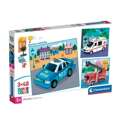 Caixa de puzzles Clementoni com veículos de resgate em ilustrações coloridas.