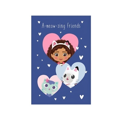 cartaz com três personagens em corações e texto A-meow-zing friends