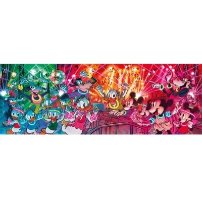 Ilustração colorida com personagens da Disney numa festa com luzes brilhantes