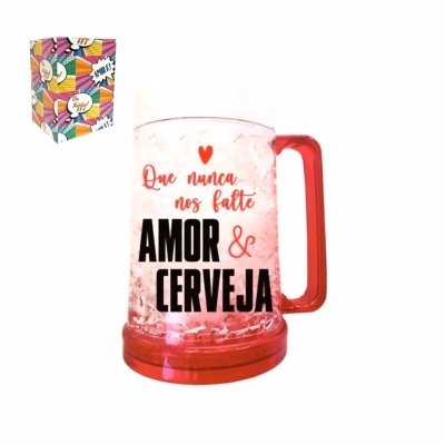 Caneca transparente com base e pega vermelhas e texto em preto e vermelho