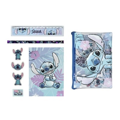 Conjunto escolar Stitch com régua, lápis, borrachas, caderno e estojo com estampas azuis e roxas