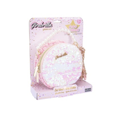 Mala de ombro redonda com lantejoulas brilhantes e alça de pérolas embalada em caixa de cartão cor-de-rosa