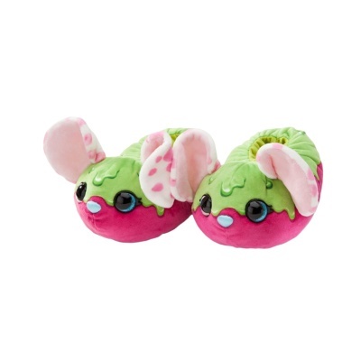 Chinelos em peluche verde e cor-de-rosa com orelhas e olhos grandes