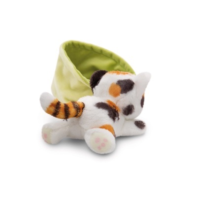 Brinquedo macio para gatos em forma de gato com manchas coloridas e estrutura verde