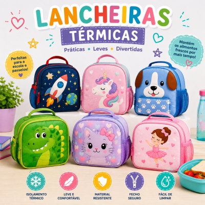 Seis lancheiras térmicas infantis coloridas com desenhos de foguete, unicórnio, cãozinho, dinossauro, gatinha e bailarina sobre fundo branco.