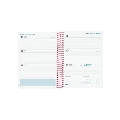 Agenda semanal aberta com encadernação espiral rosa, texto em castanho e azul para dias de março 2020