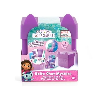 Caixa roxa em forma de gato para brincar Gabbys Dollhouse com conteúdo para fazer slime e figura de gato