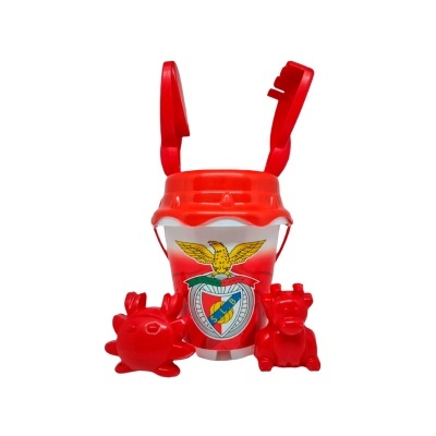 Jogo infantil de praia com balde vermelho e branco e acessórios vermelhos com símbolo do SLBENFICA
