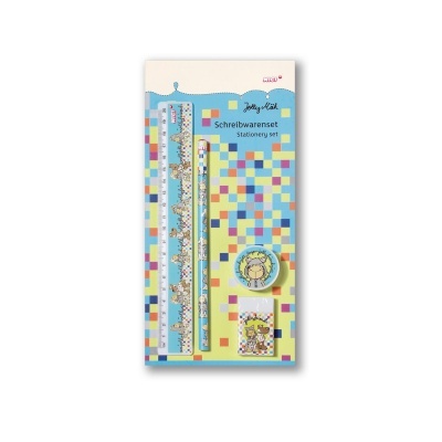 Conjunto de papelaria com régua, lápis, apontador e borracha em embalagem colorida