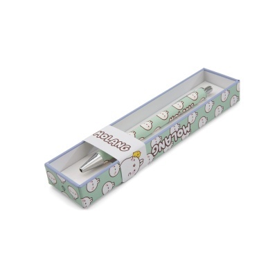 Caneta esferográfica decorada em estojo retangular com padrão de personagens e etiqueta HOLANG