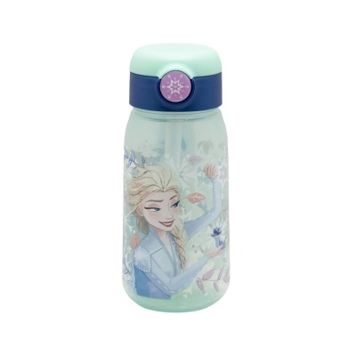 Garrafa de plástico com imagem da Elsa de Frozen e tampa azul e verde água.