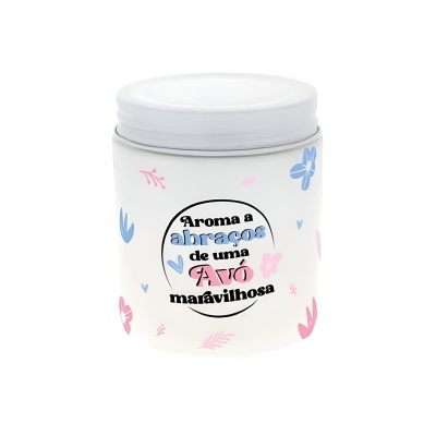Recipiente branco com decoração floral azul e rosa e texto comemorativo para avó