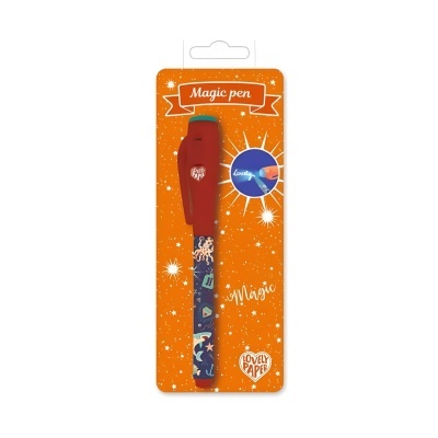 Caneta Magic pen com tampa vermelha e embalagem laranja com estrelas