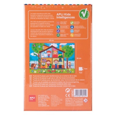 Parte traseira da caixa de puzzle APLI Kids com casa e pessoas ilustradas