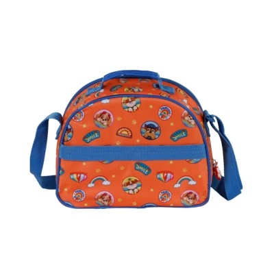 Mochila infantil laranja com detalhes azuis e estampas de desenhos animados.
