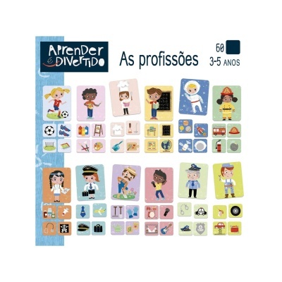 Jogo educativo 'Aprender é Divertido - As profissões' com cartas coloridas ilustrando profissões para crianças 3-5 anos