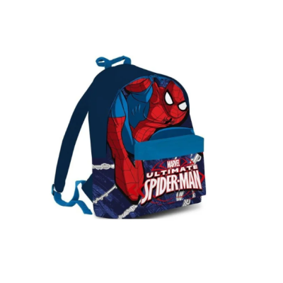Mochila azul e vermelha com estampa do Homem-Aranha e bolso frontal