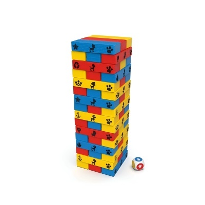 Torre de blocos de madeira coloridos com símbolos e dado colorido ao lado