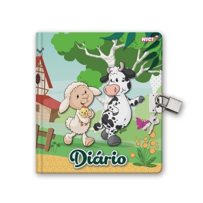 Diário infantil com capa ilustrada de ovelha, vaca, pintainho e cadeado