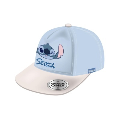 Boné azul claro e branco com personagem Stitch e texto Stitch e selo LEGENDS ONLY