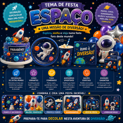 Artigos para festa tema espaço com bolo, pratos, copos, guardanapos, balões, e lembrancinhas decorados com planetas e astronautas