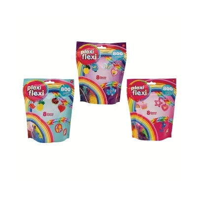 Três embalagens de loom bands coloridas plexi flexi com charms