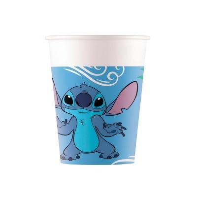 Copo de plástico branco com personagem Stitch azul e detalhes em nuvem no fundo