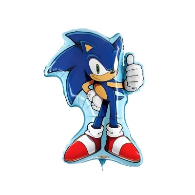 Balão metálico em forma do personagem Sonic azul com polegar para cima