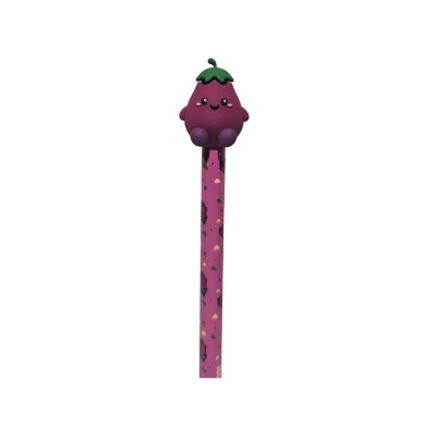 Lápis cor-de-rosa com topper de beringela sorridente em borracha.