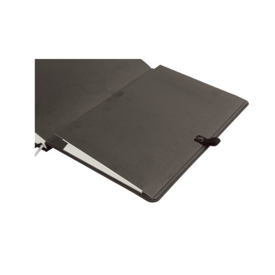 Caderno aberto com capa preta e elástico