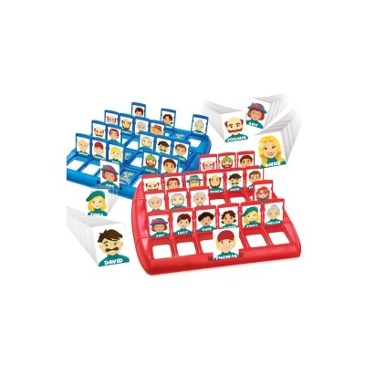 Jogo de tabuleiro com bases vermelha e azul e cartelas com rostos e nomes.