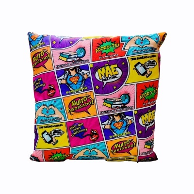 Almofada quadrada colorida estilo banda desenhada com mensagens para mãe