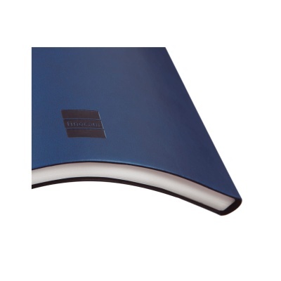 Caderno de capa rígida azul com selo STAPLES