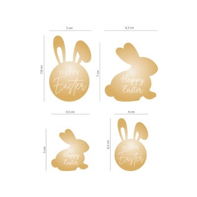 Quatro etiquetas douradas de Páscoa com texto 'HAPPY Easter' e formas de coelho e círculos.