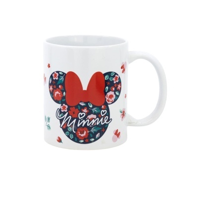 Caneca branca com desenho floral da Minnie e laço vermelho