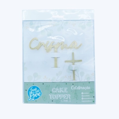 Topper para bolo dourado com palavra Crisma em embalagem de plástico