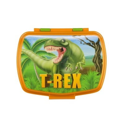 Caixa laranja com imagem de dinossauro T-Rex e texto T-REX