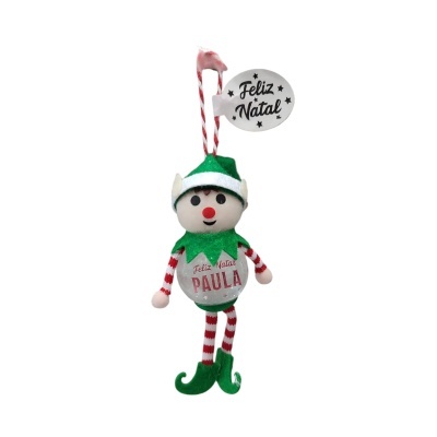 Boneco elfo de Natal verde e vermelho com corpo transparente e texto Feliz Natal PAULA