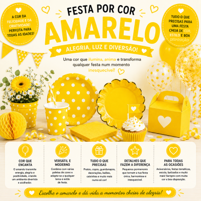 Artigos de festa amarelos com padrões de bolinhas e decoração festiva sobre mesa de madeira