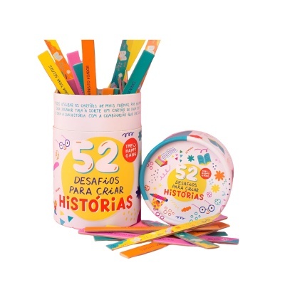 Lata rosa com palitos coloridos e texto '52 Desafios para Criar Histórias' para criar histórias