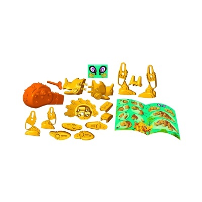 Peças de plástico amarelas e laranja para montar dinossauro e manual de instruções colorido