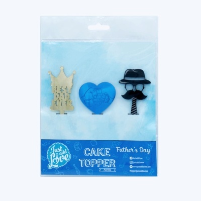 Conjunto de cake toppers para o Dia do Pai com coroa dourada, coração azul e figura estilizada com chapéu