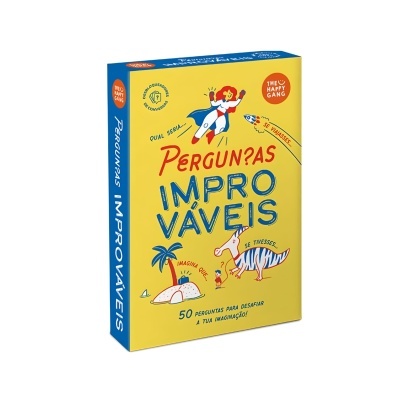 Caixa amarela de jogo de cartas 'Perguntas Improváveis' com ilustrações e texto colorido