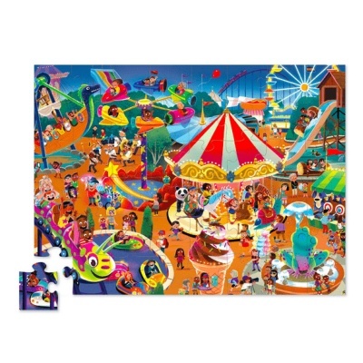 Quebra-cabeças colorido com imagem de parque de diversões cheio de atracções e pessoas