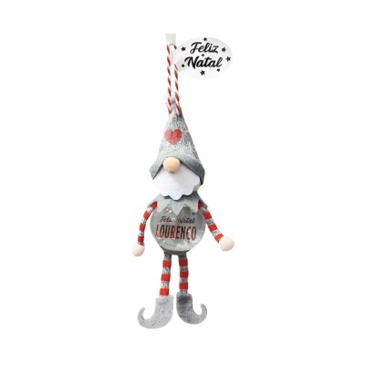 Boneco decorativo de Natal cinzento e vermelho com texto Feliz Natal Lourenço
