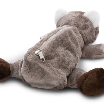 Pelúcia em forma de animal cinzento e castanho com fecho zip no dorso